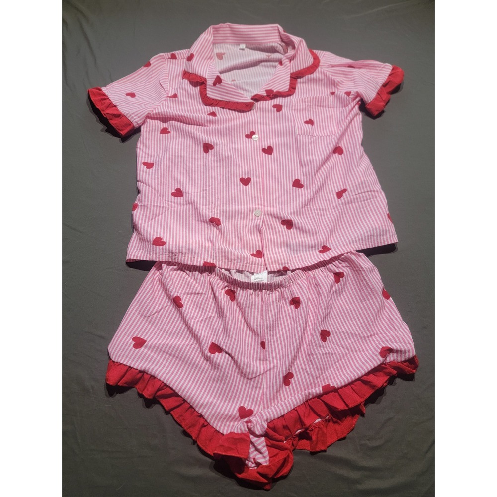 Women Pink Stripe Red Heart Pajama Set Ruffle Short Sleeve Button Up XXL NWOT